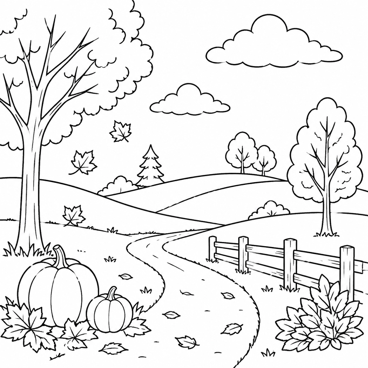 Fall landscape coloring page with rolling hills, trees, pumpkins, and a barn for detailed coloring.