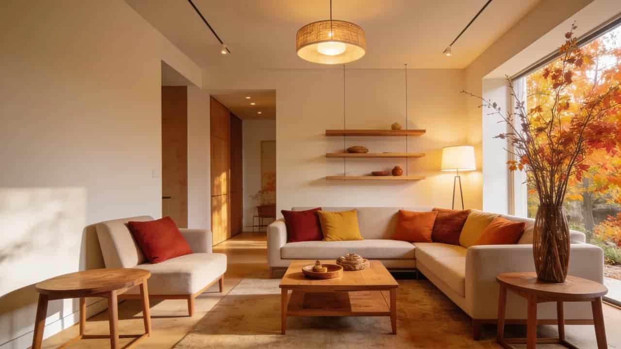 Fall living room design with cozy textiles, warm colors, and seasonal accessories.