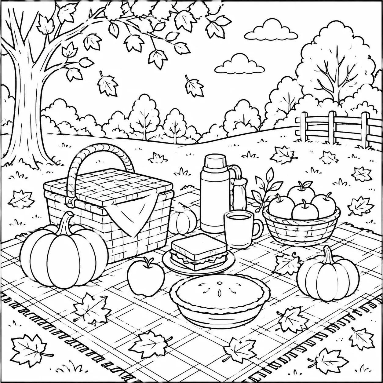 Fall picnic coloring page with blanket, pumpkins, basket, and autumn items for kids to color