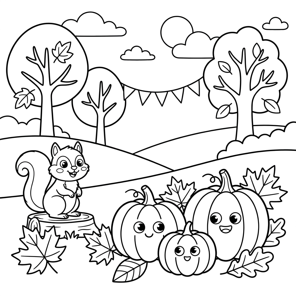 Complete fall scene coloring page with pumpkins, leaves, trees, and a cute animal for kids to color.
