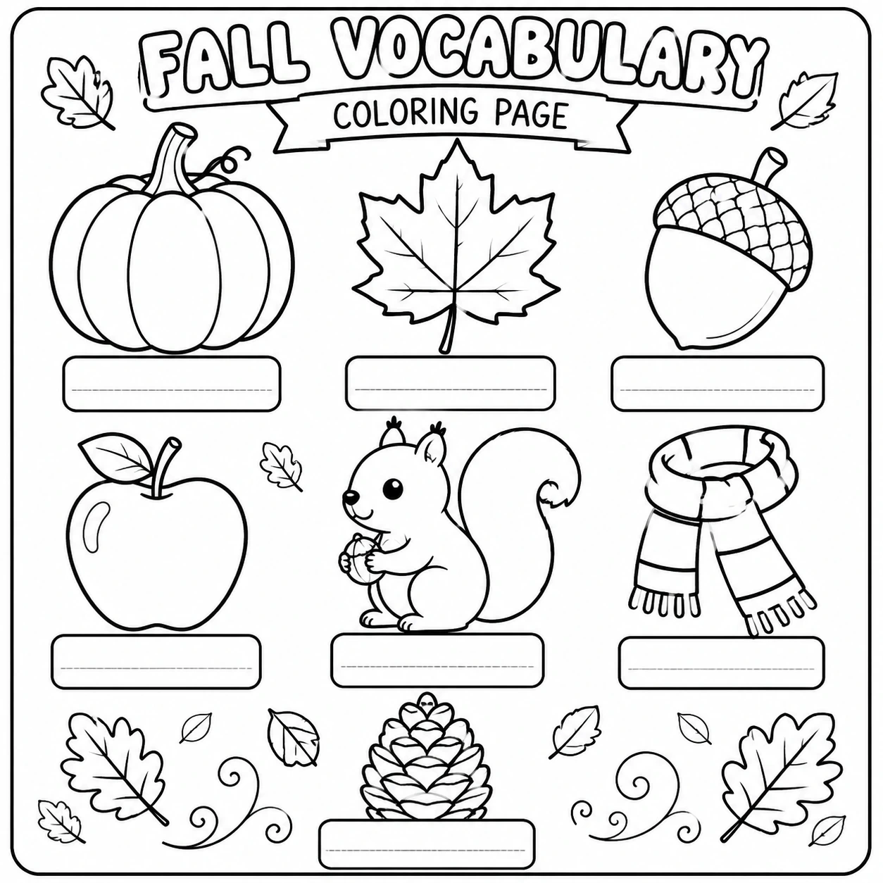 Fall vocabulary coloring page with labeled autumn objects for kids to learn seasonal words while coloring.