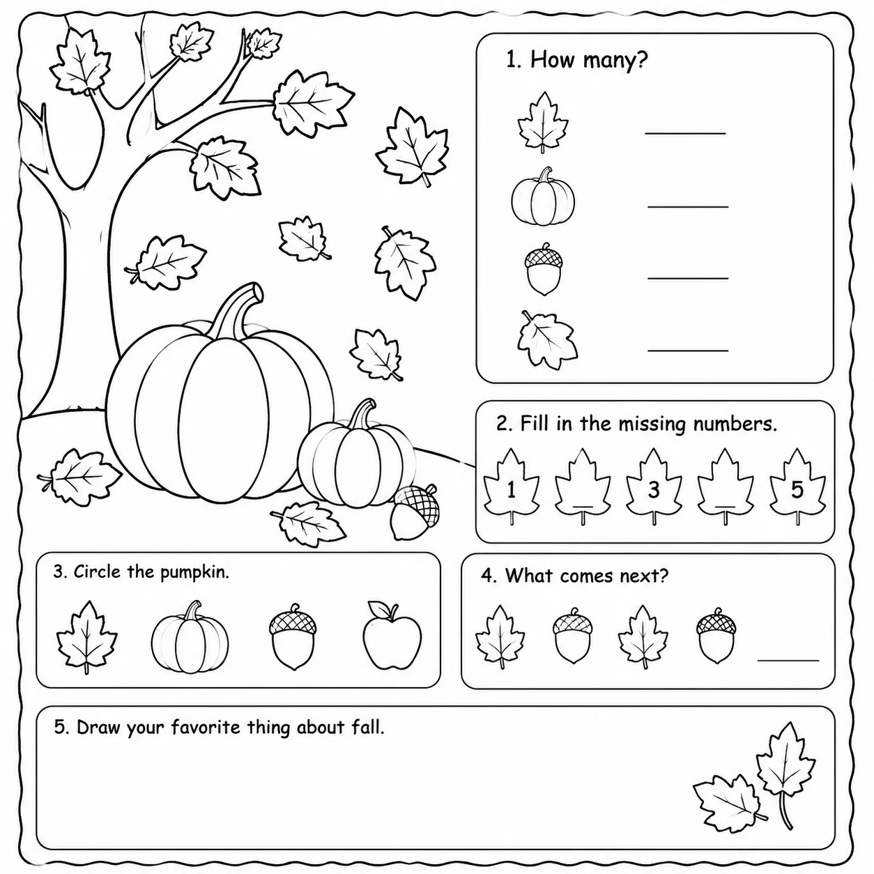 Fall worksheet coloring page with simple pumpkin, leaf, and counting activities for children to color and learn