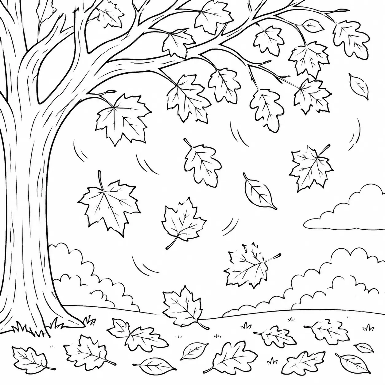 Falling leaves autumn coloring page showing leaves drifting gently down from tree branches, capturing the calm and peaceful mood of the fall season