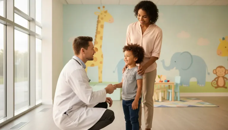 Doctor kneeling to greet young child with parent in colorful pediatric waiting room