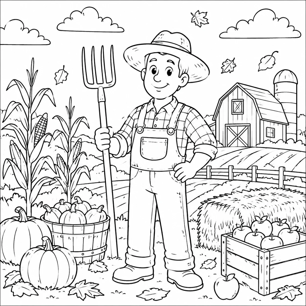 Farmer fall coloring page showing harvest work with pumpkins, crops, and farm scenes for kids.