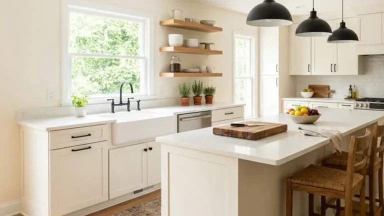 Modern kitchen with white cabinets, farmhouse sink, and floating shelves under pendant lights