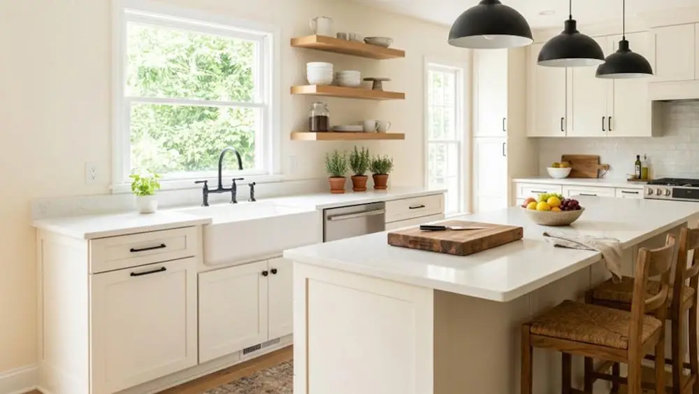 Modern kitchen with white cabinets, farmhouse sink, and floating shelves under pendant lights