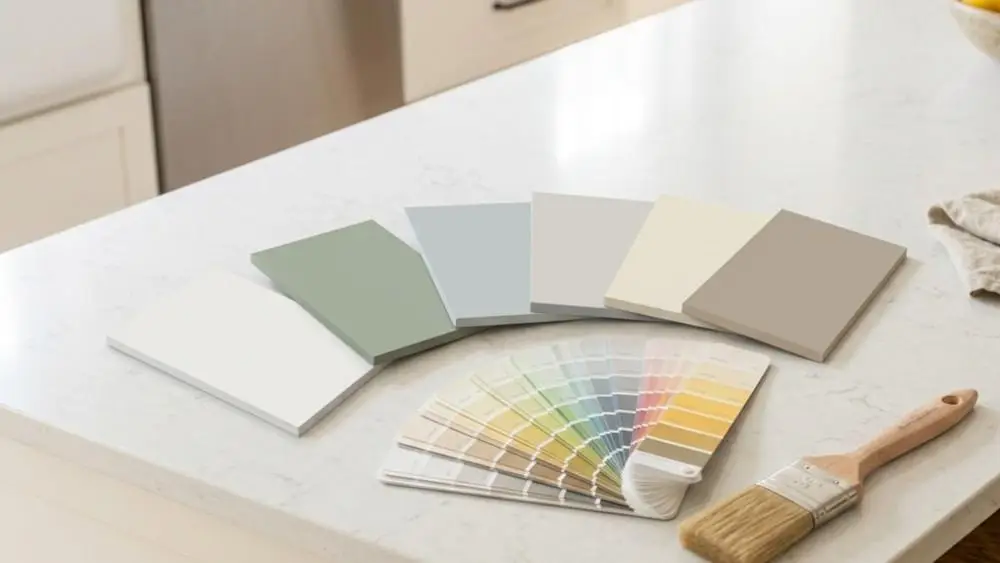 Paint sample cards and color swatches spread on a white kitchen countertop with a brush