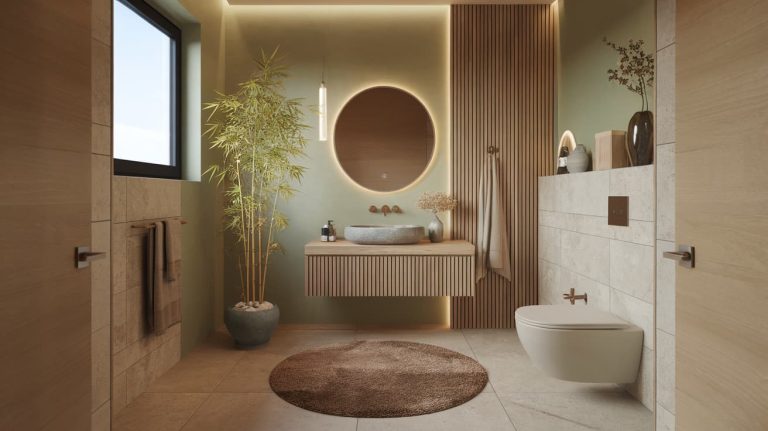 Modern Feng Shui bathroom design featuring a potted bamboo plant, a round backlit mirror, and minimalist wooden textures.