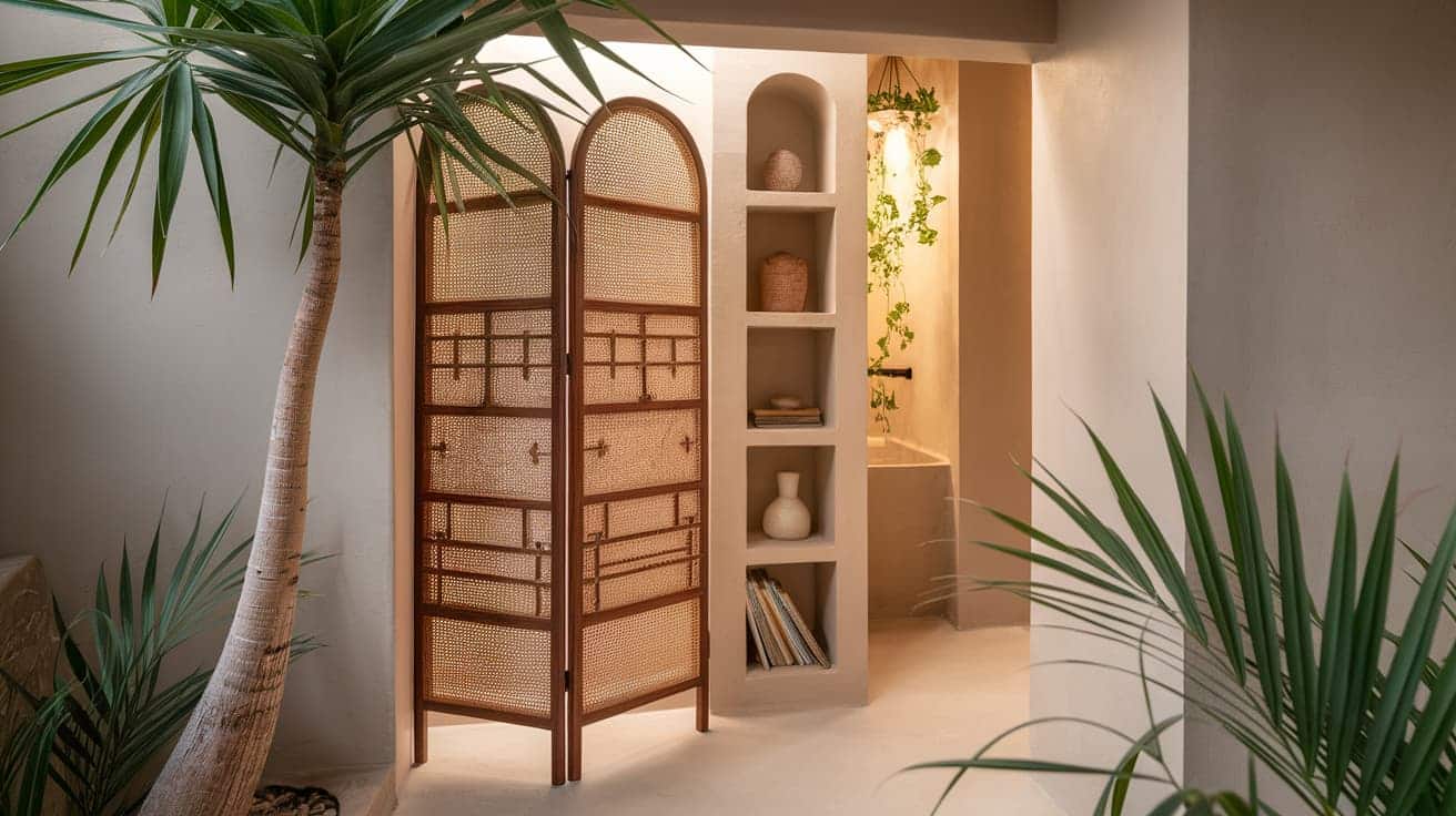 A feng shui bathroom entrance featuring a three-panel woven rattan folding screen and a tall tropical palm tree plant.