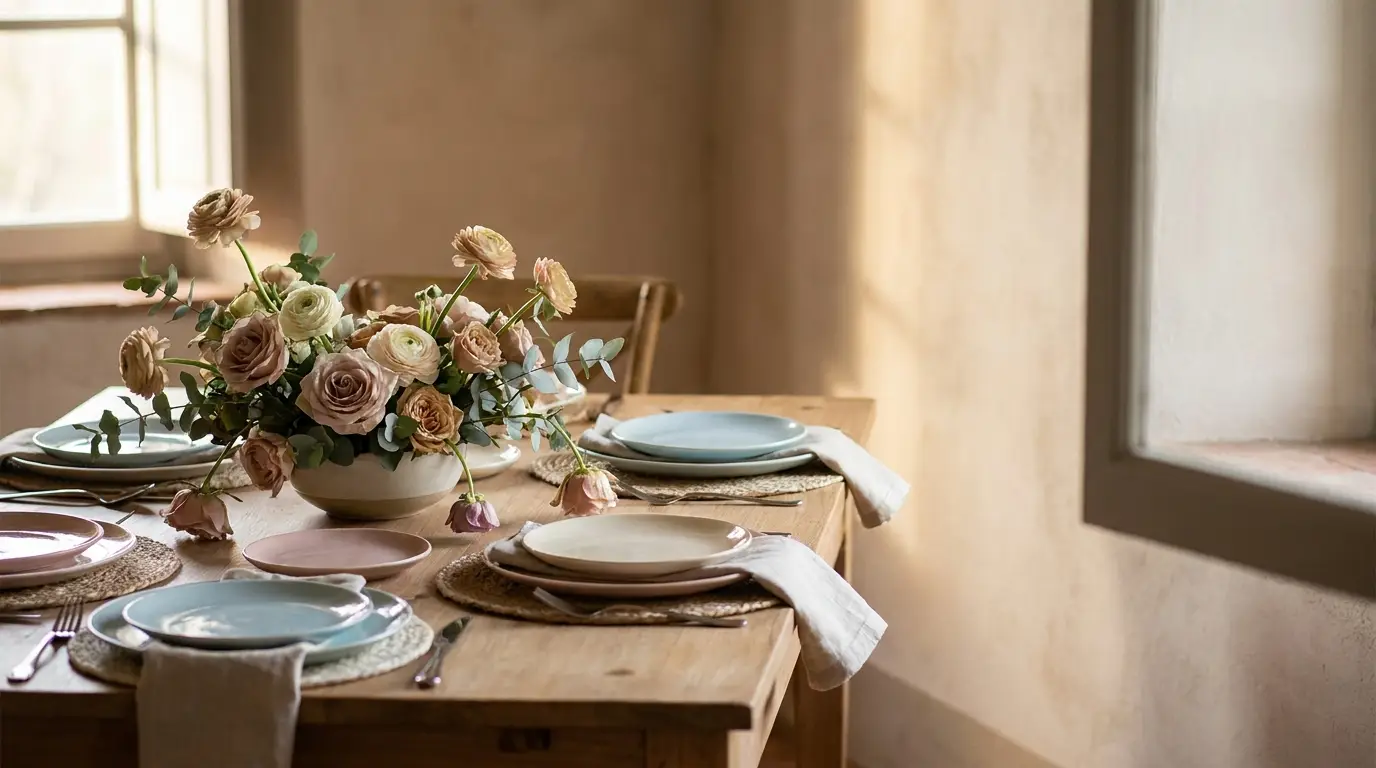 Elegant floral centerpiece on rustic dining table set with plates and napkins in warm light