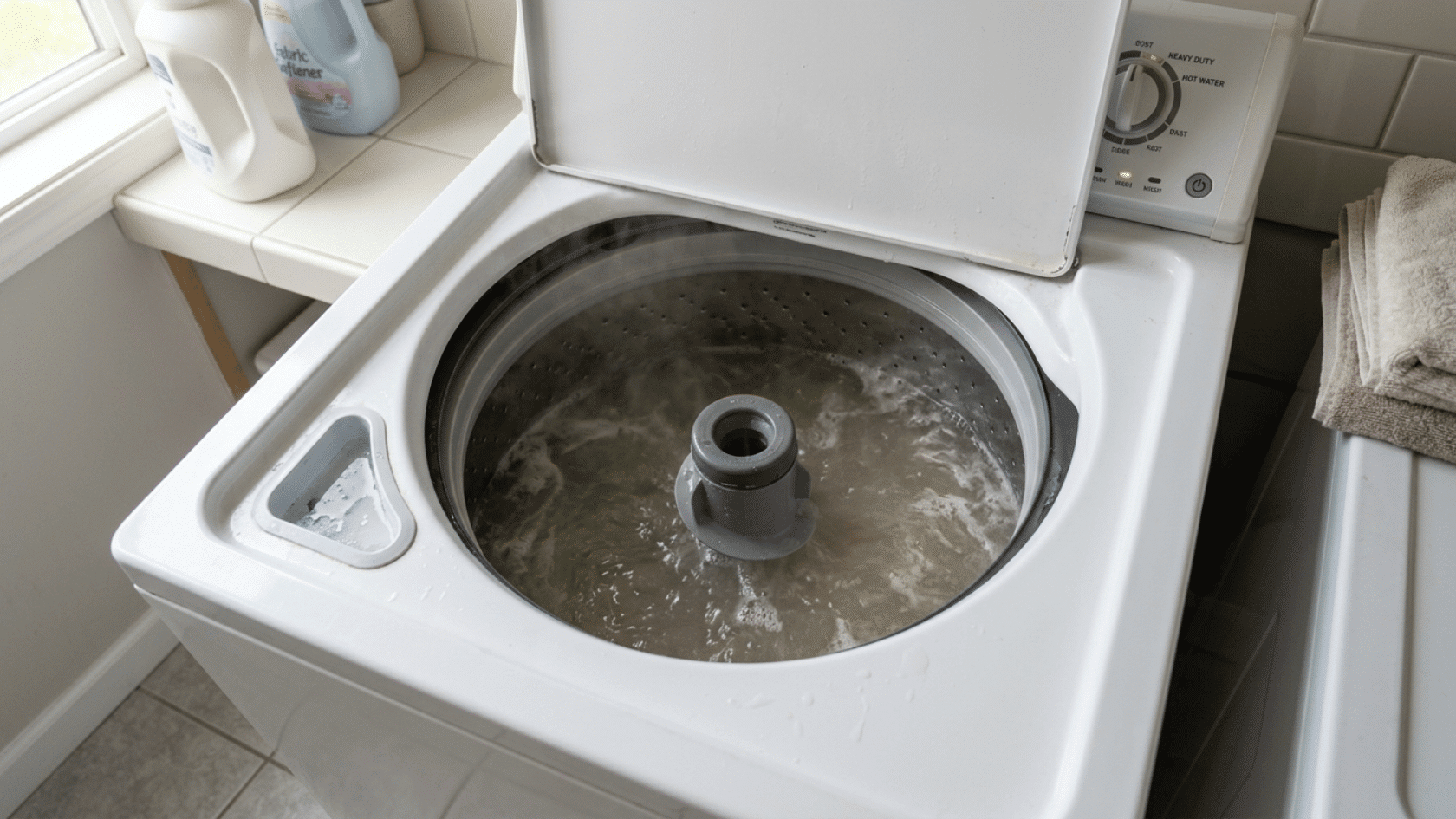 Top load washing machine drum filled with water during cleaning cycle in laundry area