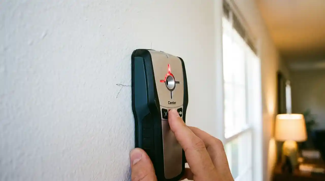 Stud finder pressed against white drywall wall showing how to find a stud to hang pictures on wall safely.