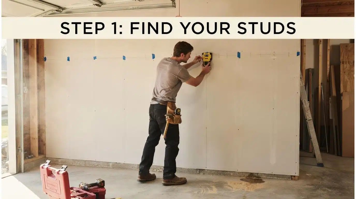 Person using a stud finder to mark wall studs before building garage shelves.
