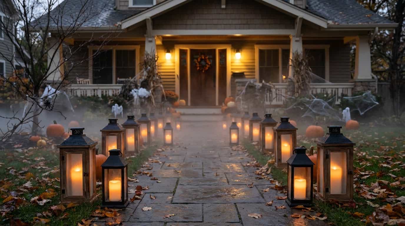 Flickering Halloween lanterns placed along a walkway leading to a front door