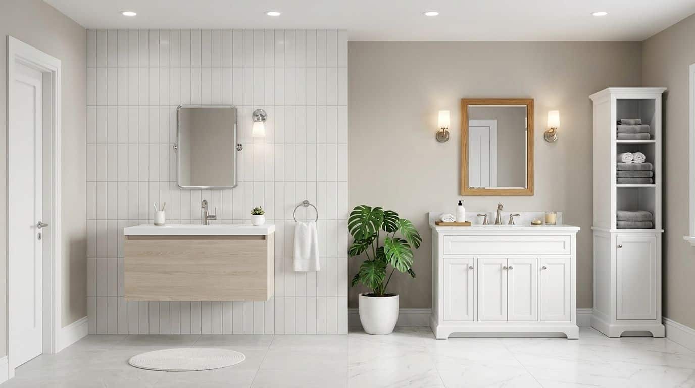 Side by side bathroom comparison of wall mounted floating ash wood vanity with open floor beneath and white freestanding shaker vanity sitting flush to marble look tile floor