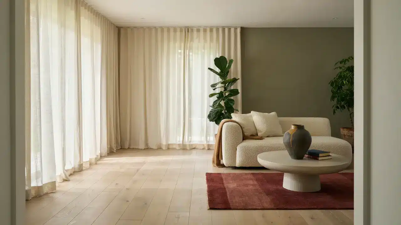 Floor-to-ceiling sheer curtains in a bright living room softly diffusing daylight over neutral interiors and wooden flooring.