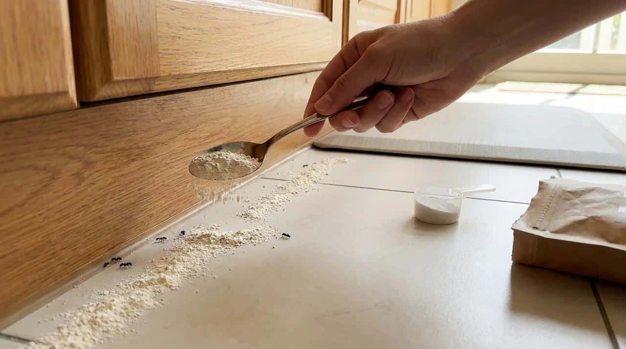 Food-grade diatomaceous earth applied along a kitchen baseboard for sugar ants.