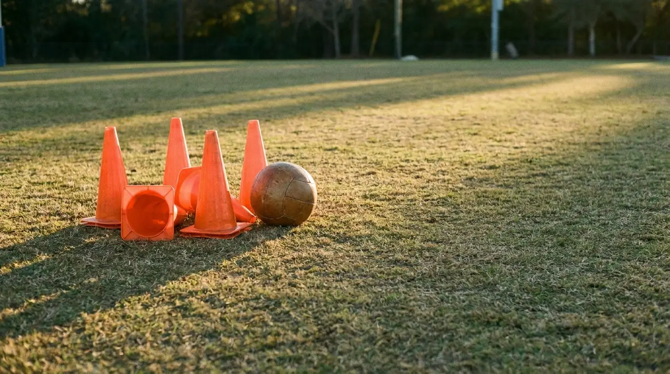 Orange traffic cones and vintage soccer ball on grassy field in late afternoon sun