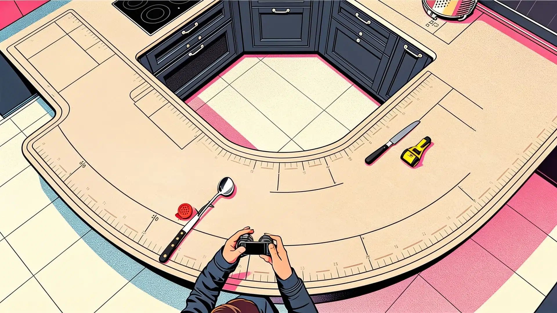 Illustration of a person using a smartphone to take an overhead photo of a curved kitchen countertop peninsula.