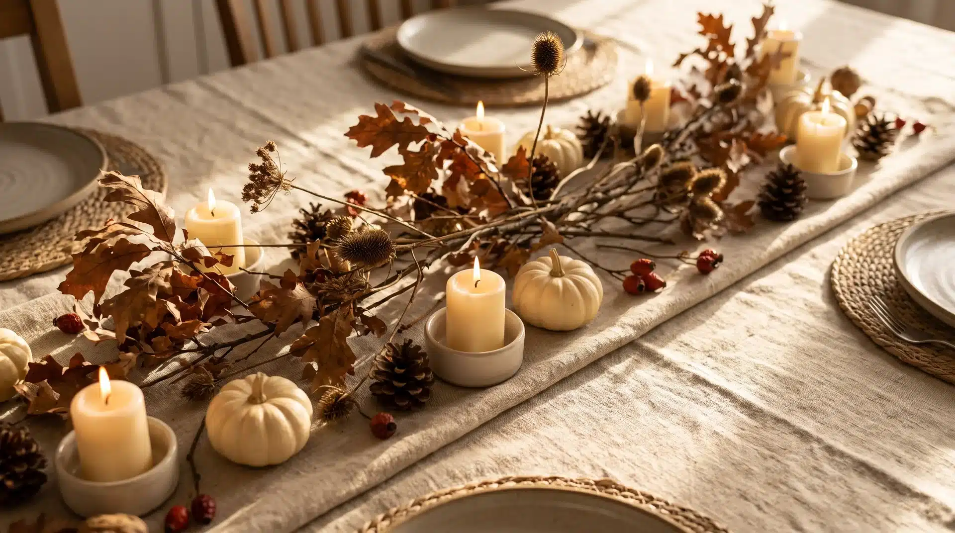Foraged oak branches dried seed heads and pine cones arranged down a linen Thanksgiving table with cream pillar candles.