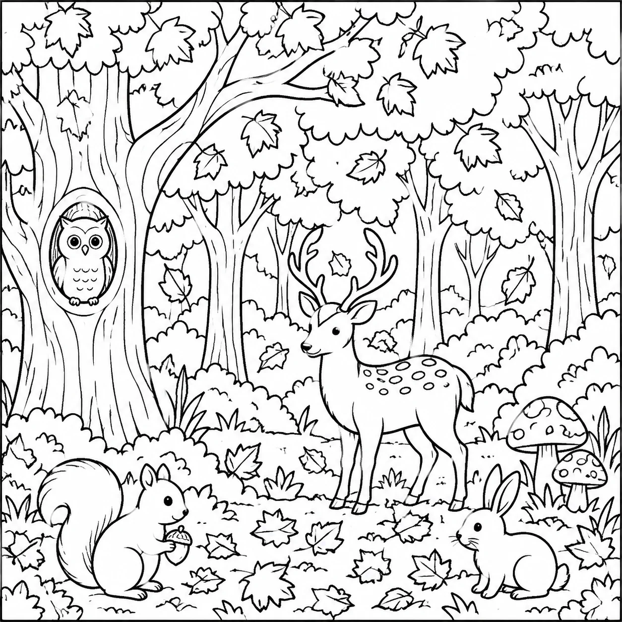 Black and white forest fall coloring page with trees and hidden woodland animals for kids to color