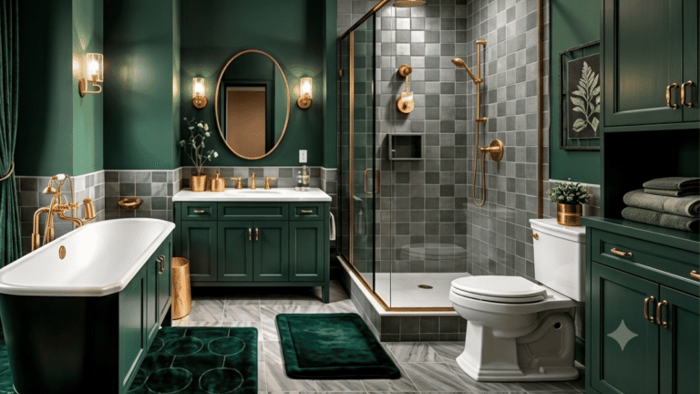 Forest green bathroom with dark green vanity, tiles, bathtub, and brass fixtures