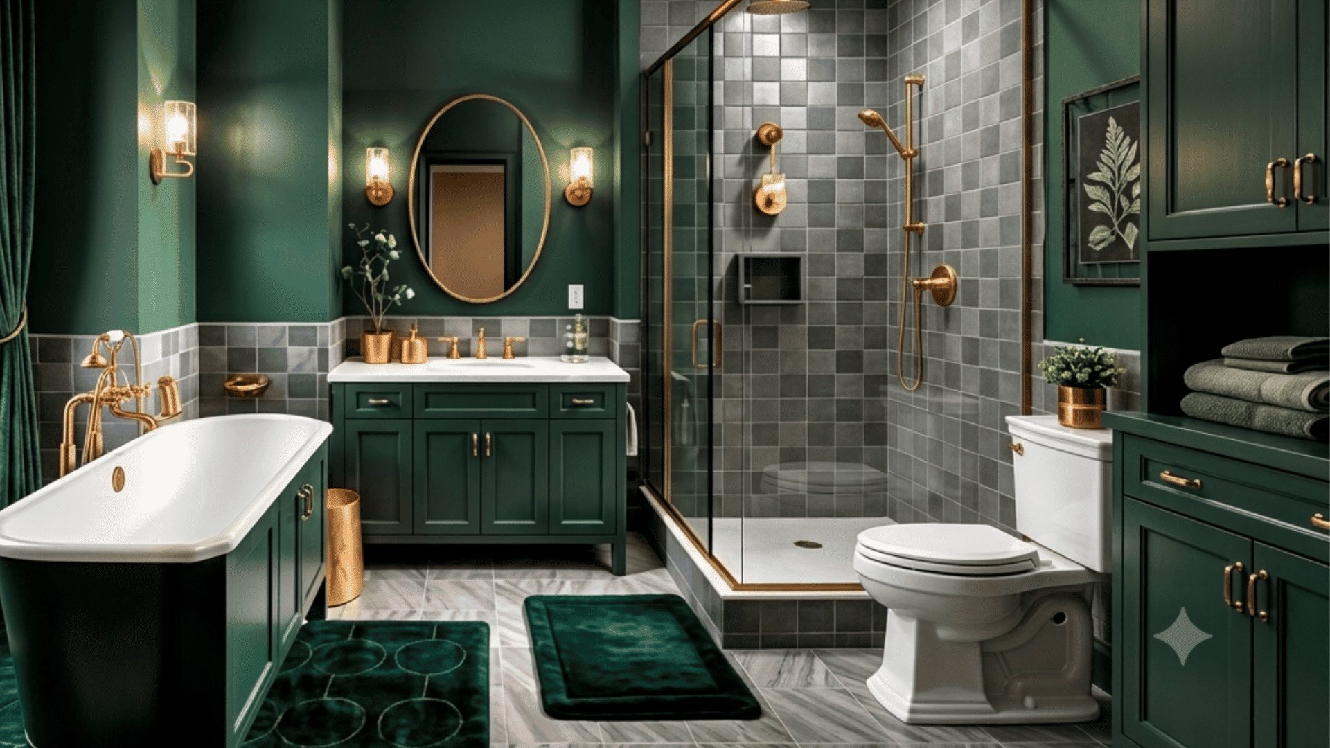 Forest green bathroom with dark green vanity, tiles, bathtub, and brass fixtures