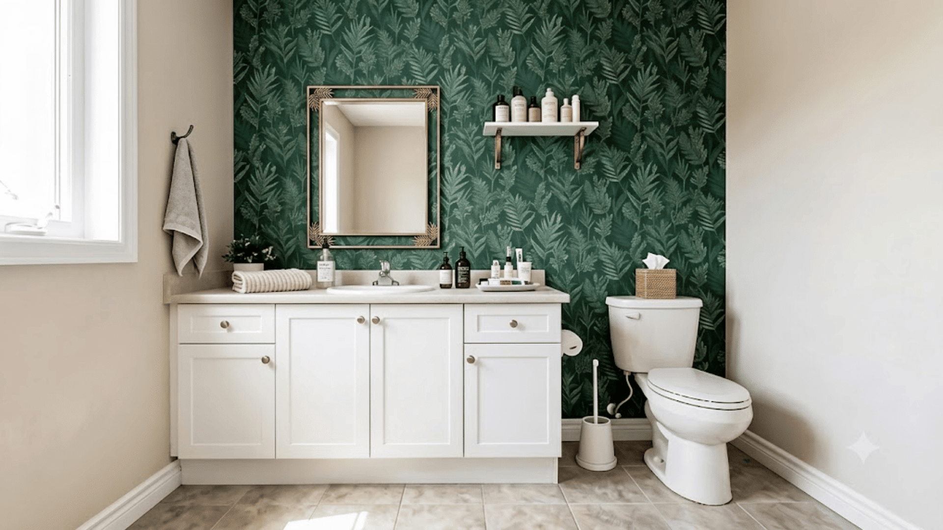 Bathroom with forest green leaf wallpaper, white vanity, mirror, shelf, and toilet.