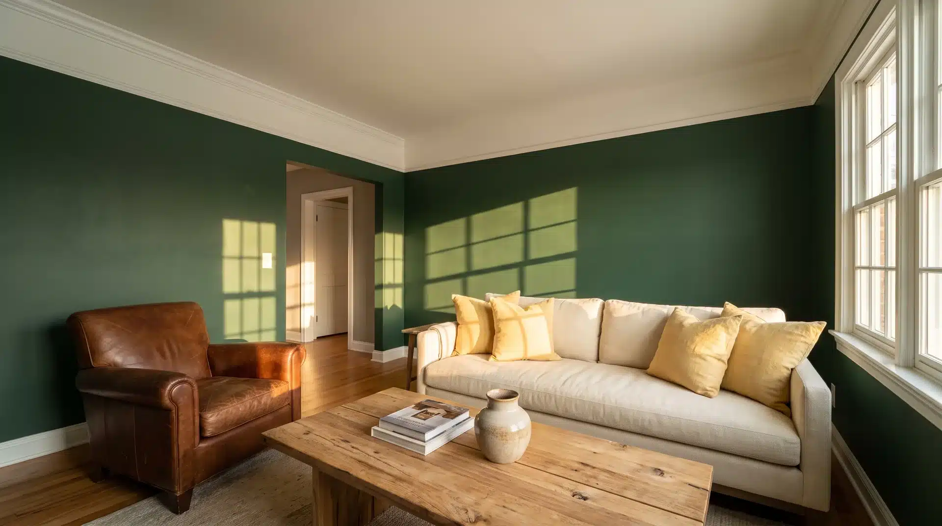 Full living room with Sherwin-Williams Cascades forest green walls cream sofa and white trim.