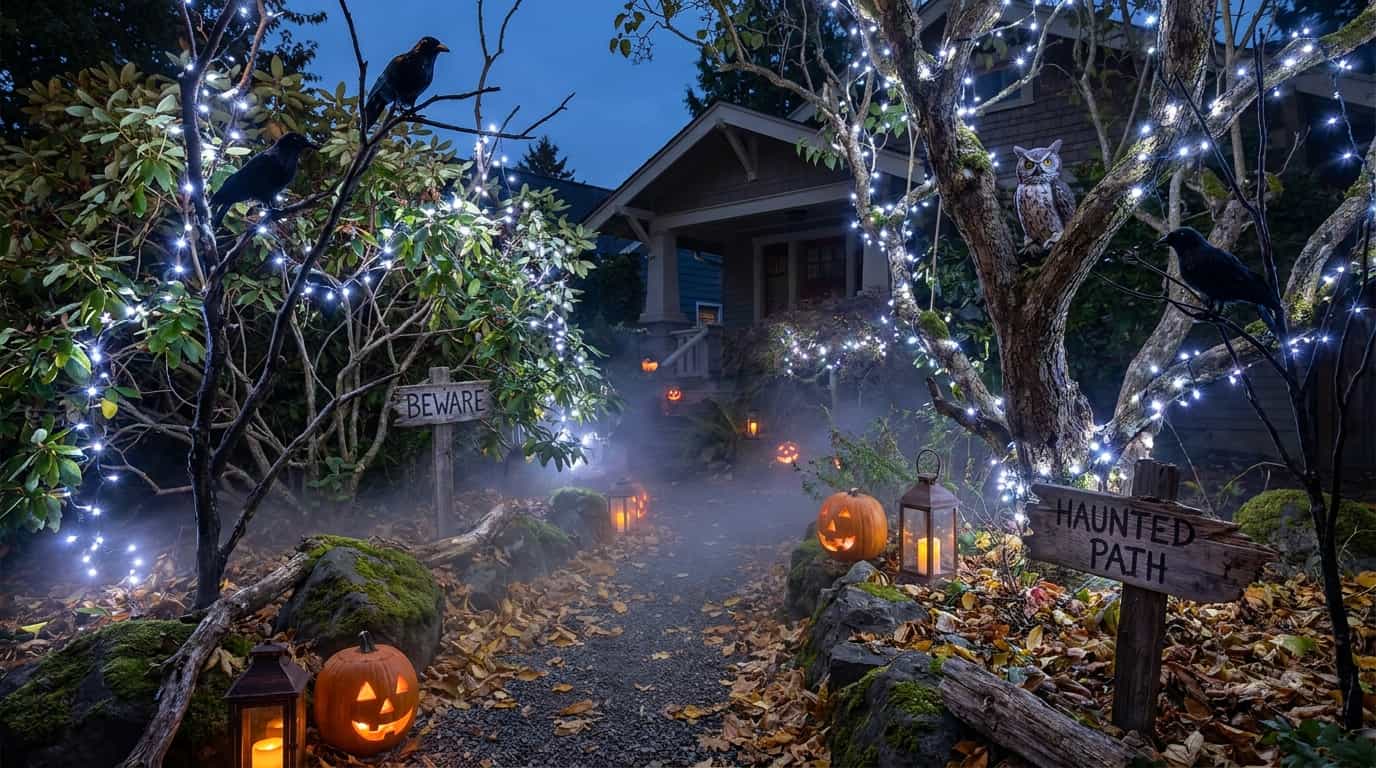 Haunted forest pathway with branches, fog, lights, and Halloween decorations