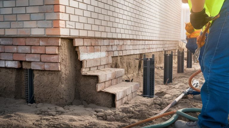 A brick wall foundation undergoing repair with an excavated trench and a row of black helical piers driven into the ground.