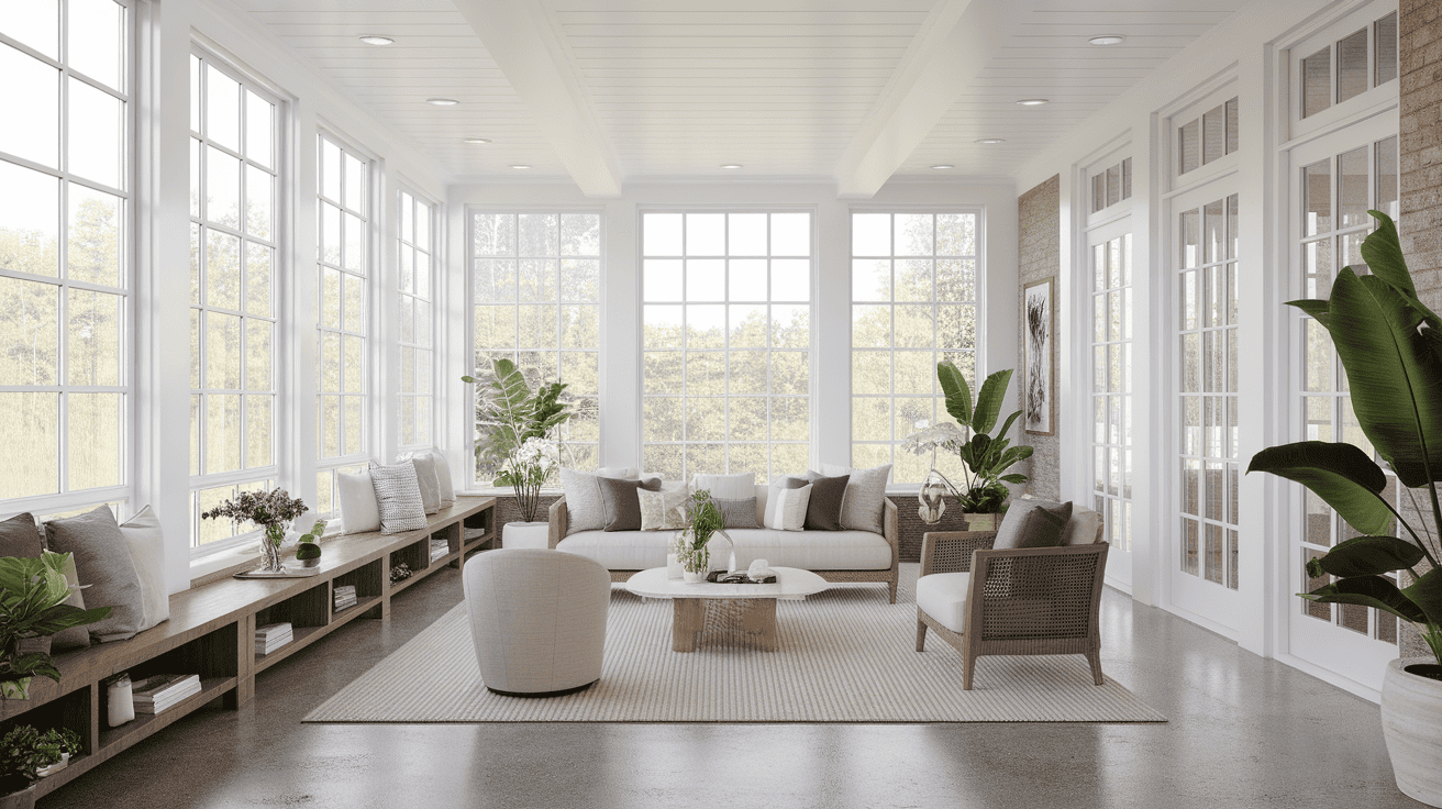 Insulated four-season sunroom styled as a living room with cozy furniture and climate control fixtures.