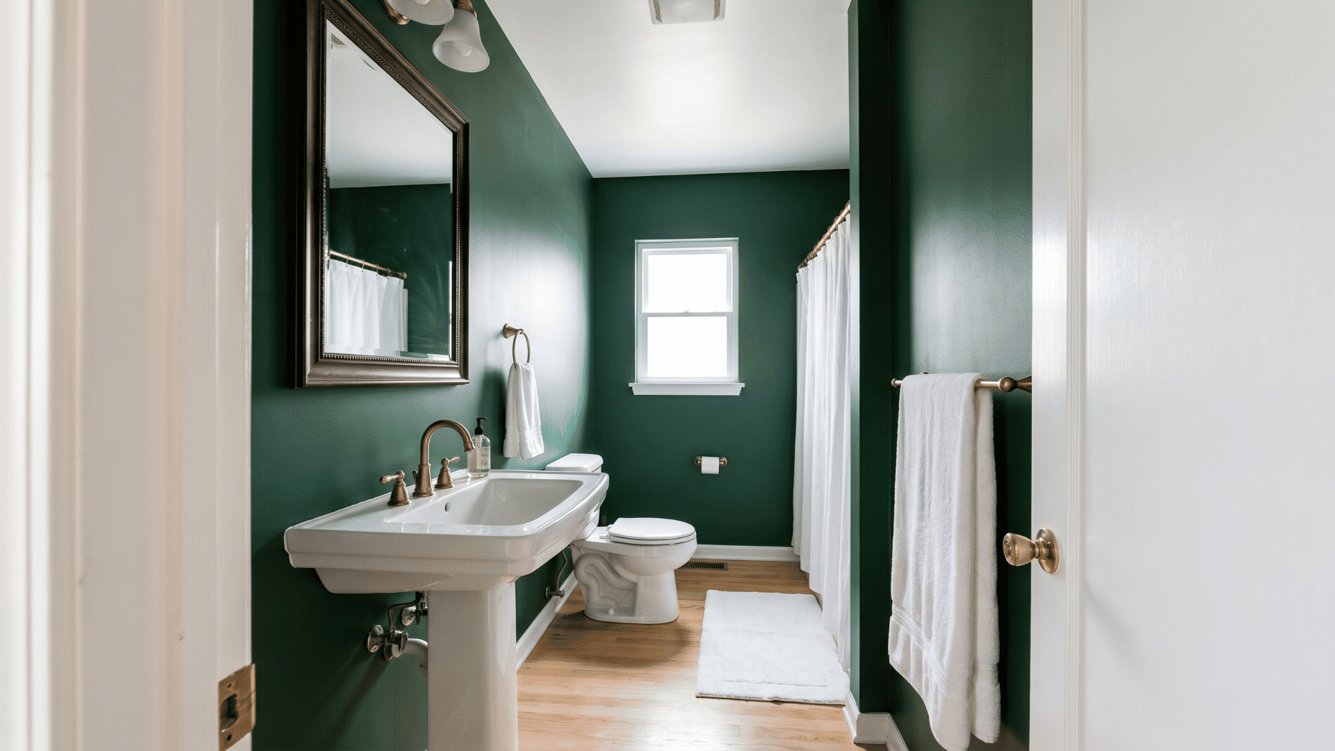 Forest green bathroom with white fixtures, brass accents, and natural wood flooring.