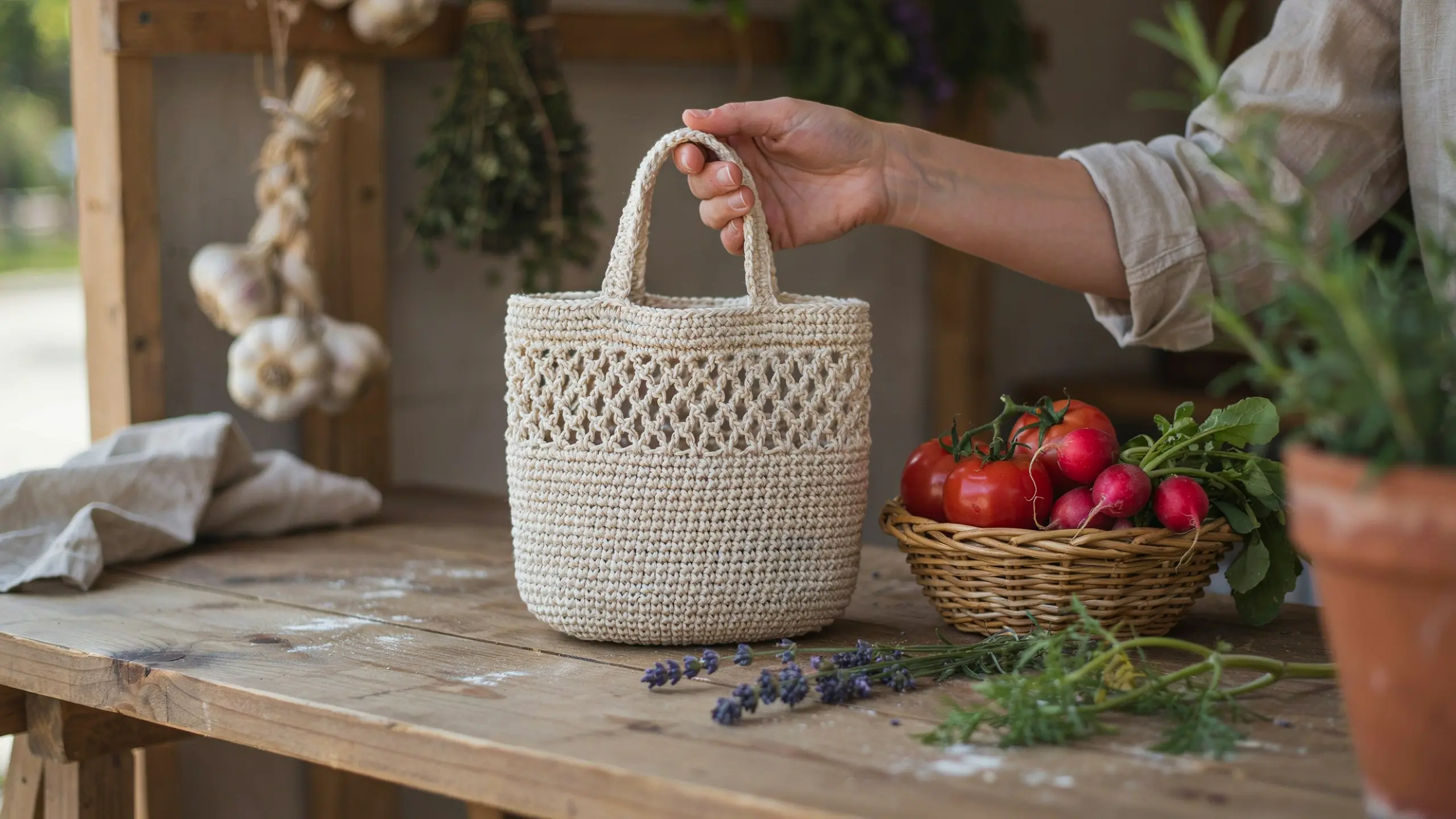 Classic crochet French market bag with short handles and a rounded base.