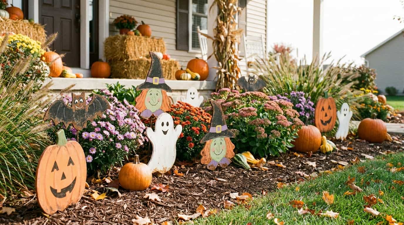 Cute Halloween character stakes decorating a flower bed and lawn edge