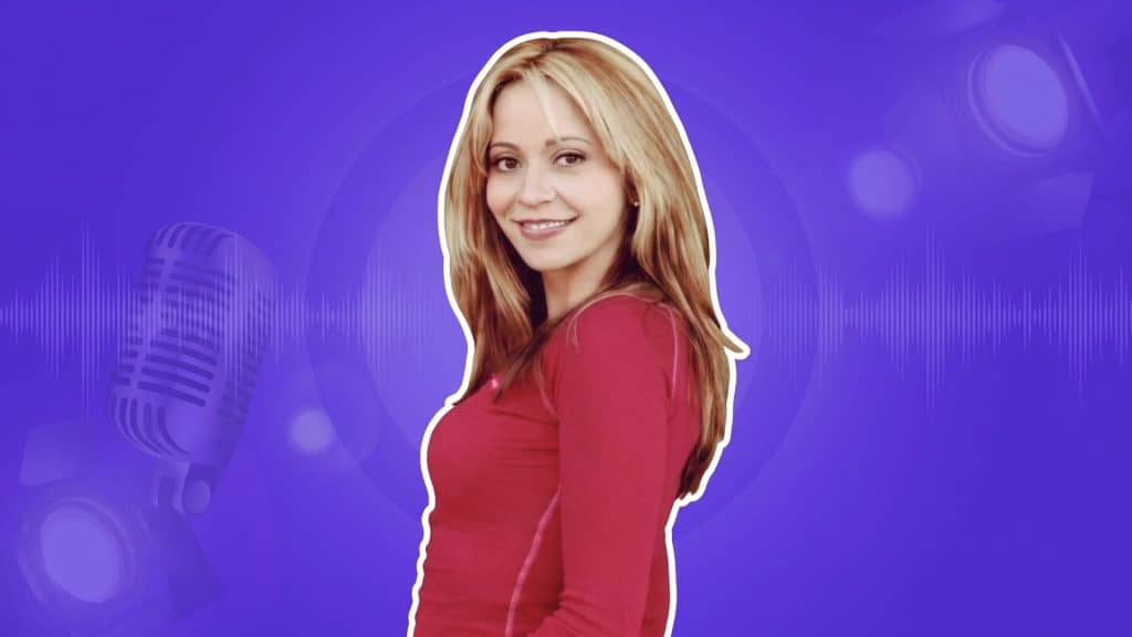 Tara Strong portrait with a voice recording studio background.
