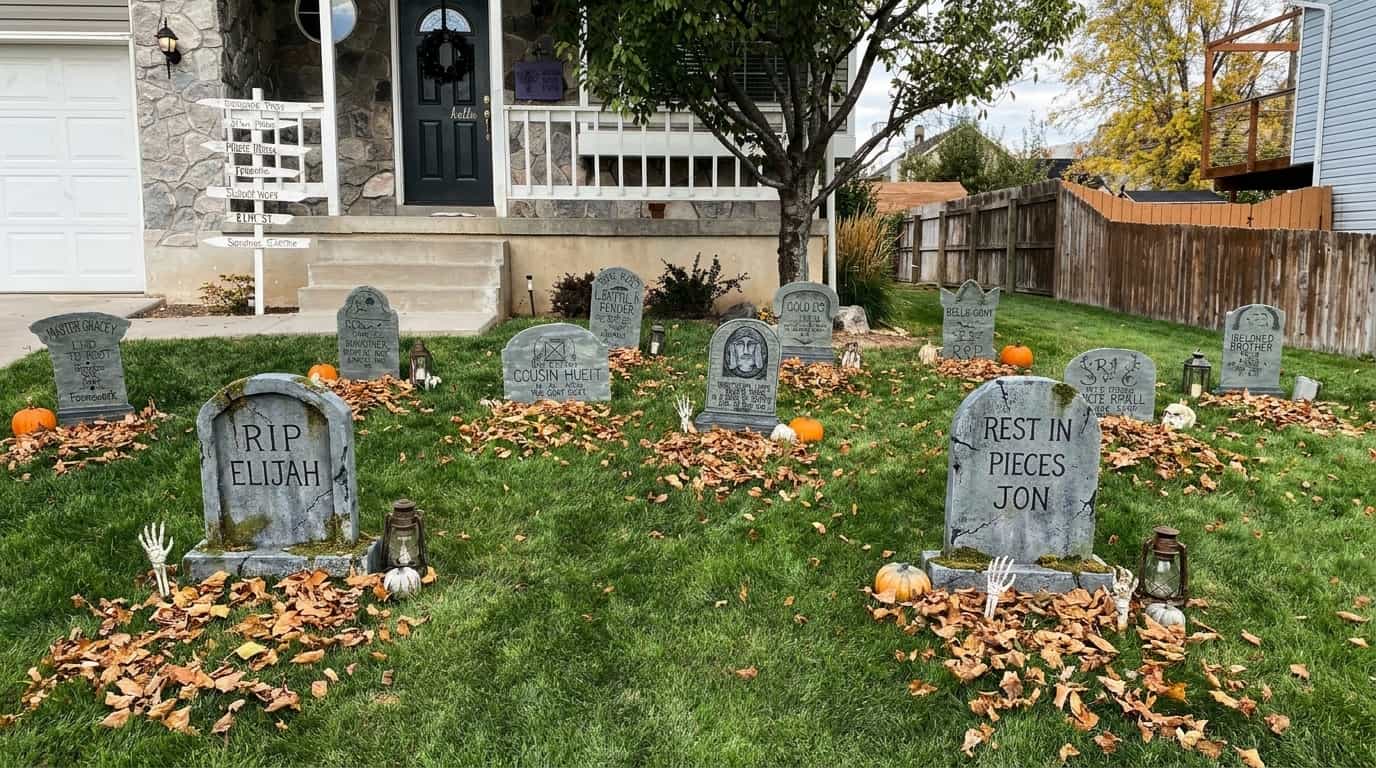Front yard graveyard display with handmade tombstones and autumn decorations