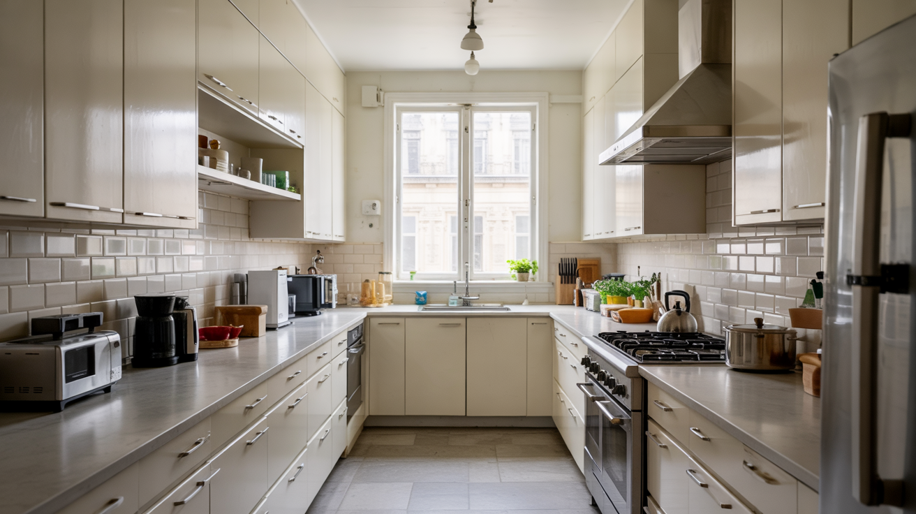 Modern galley kitchen layout featuring long parallel counters with light cabinets, stainless steel appliances, and a far window.