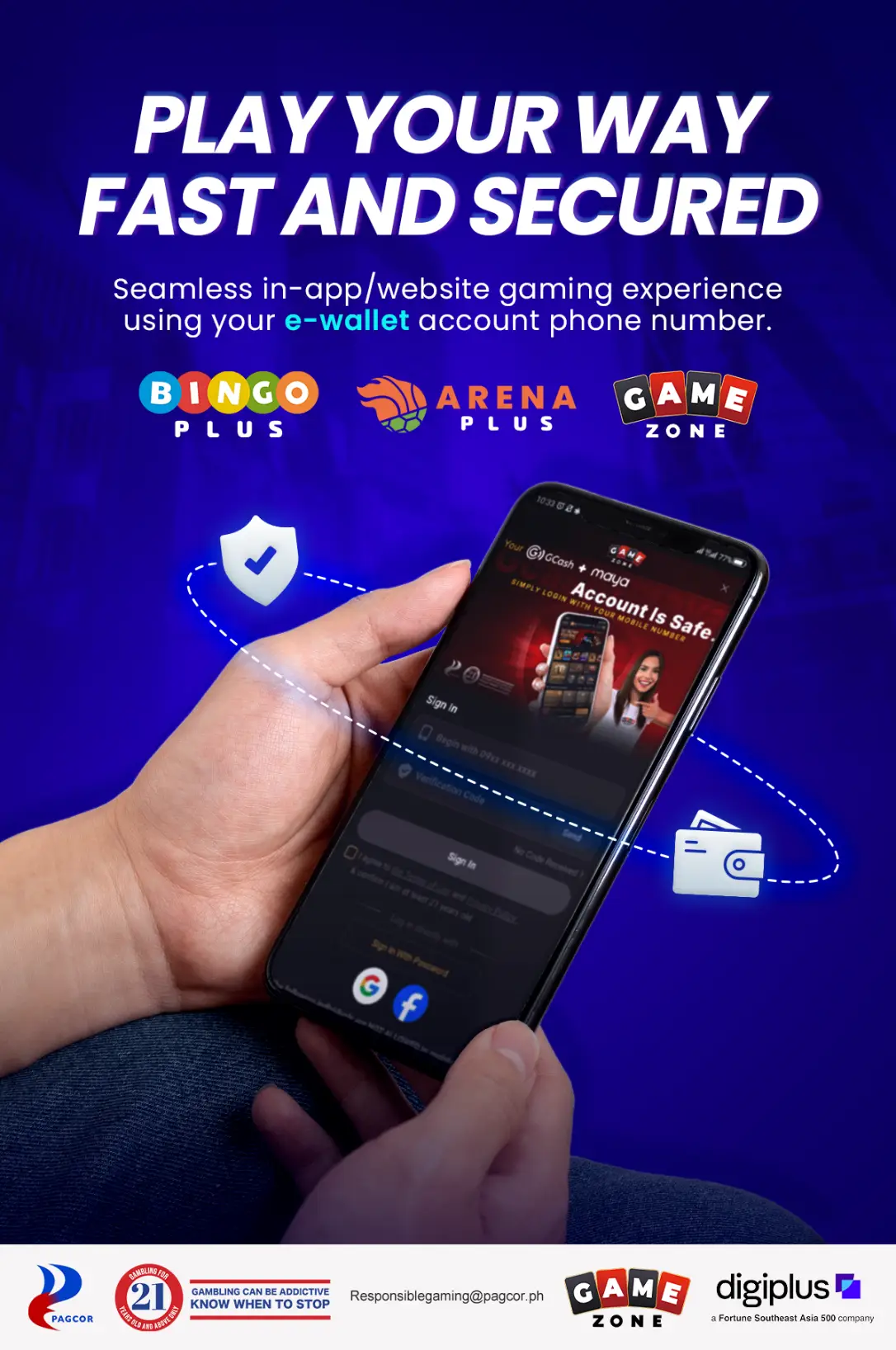 Hand holding smartphone displaying gaming app login screen with icons on vibrant blue background
