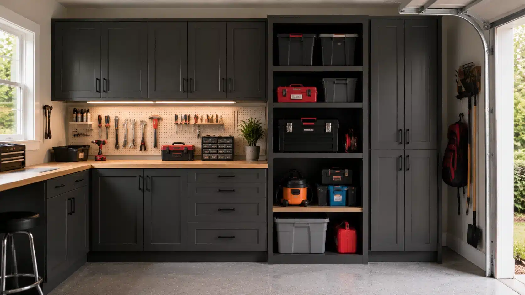 Garage storage cabinets with tool workspace and organized equipment