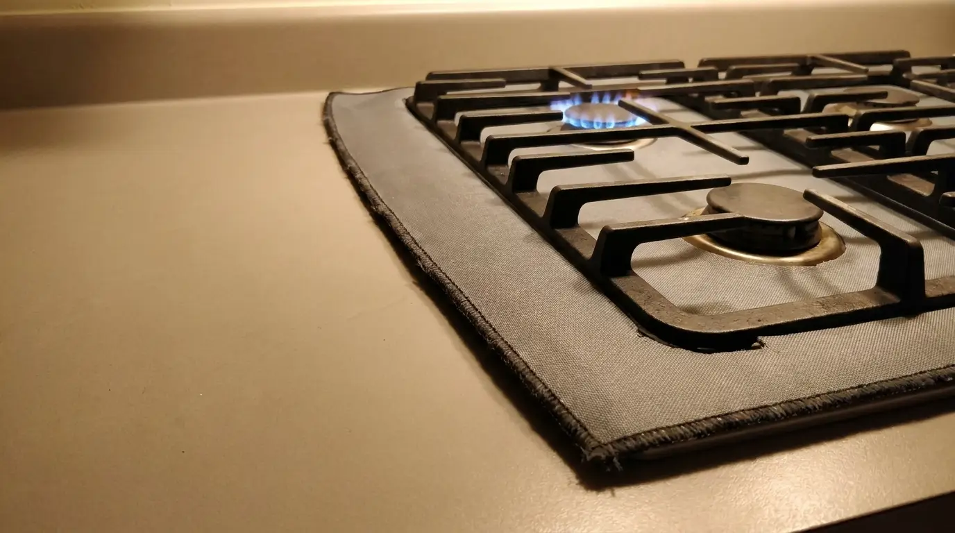 Gas stove burner with blue flame on beige countertop under warm lighting