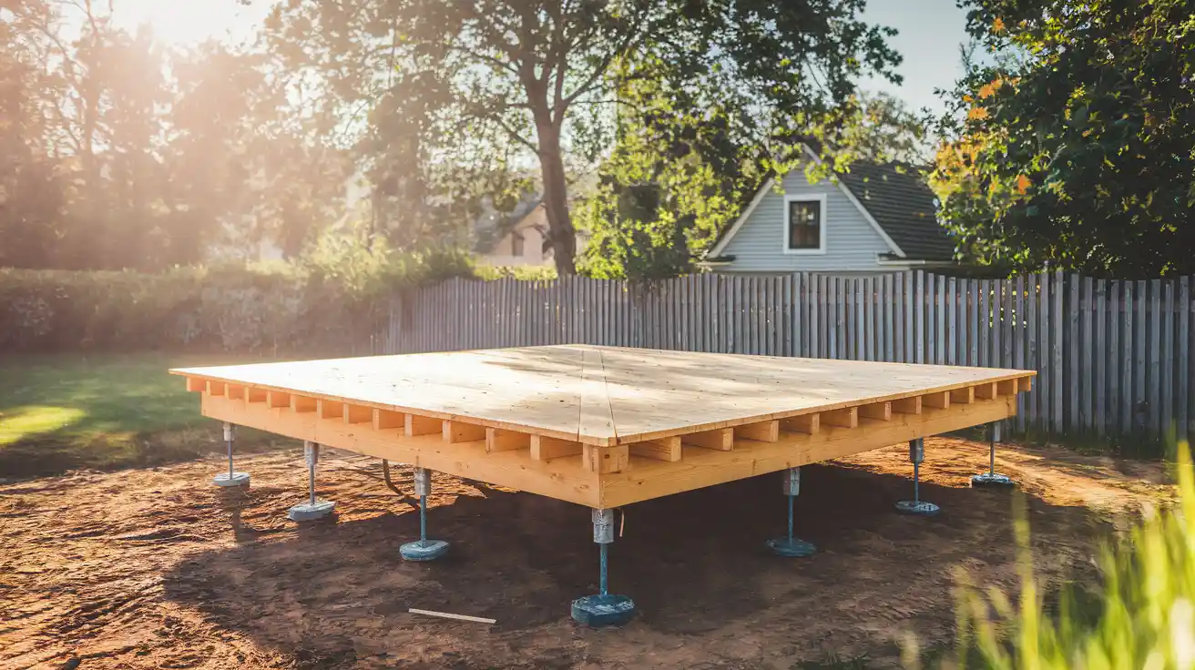 A wooden subfloor frame supported by metal screw jacks and concrete piers in a grassy backyard with a house behind.