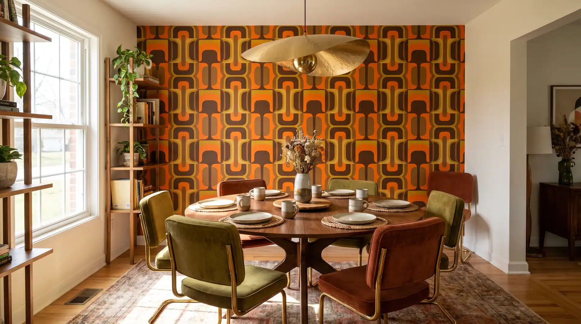 Bold geometric wallpaper creating a stylish 70s dining room accent.