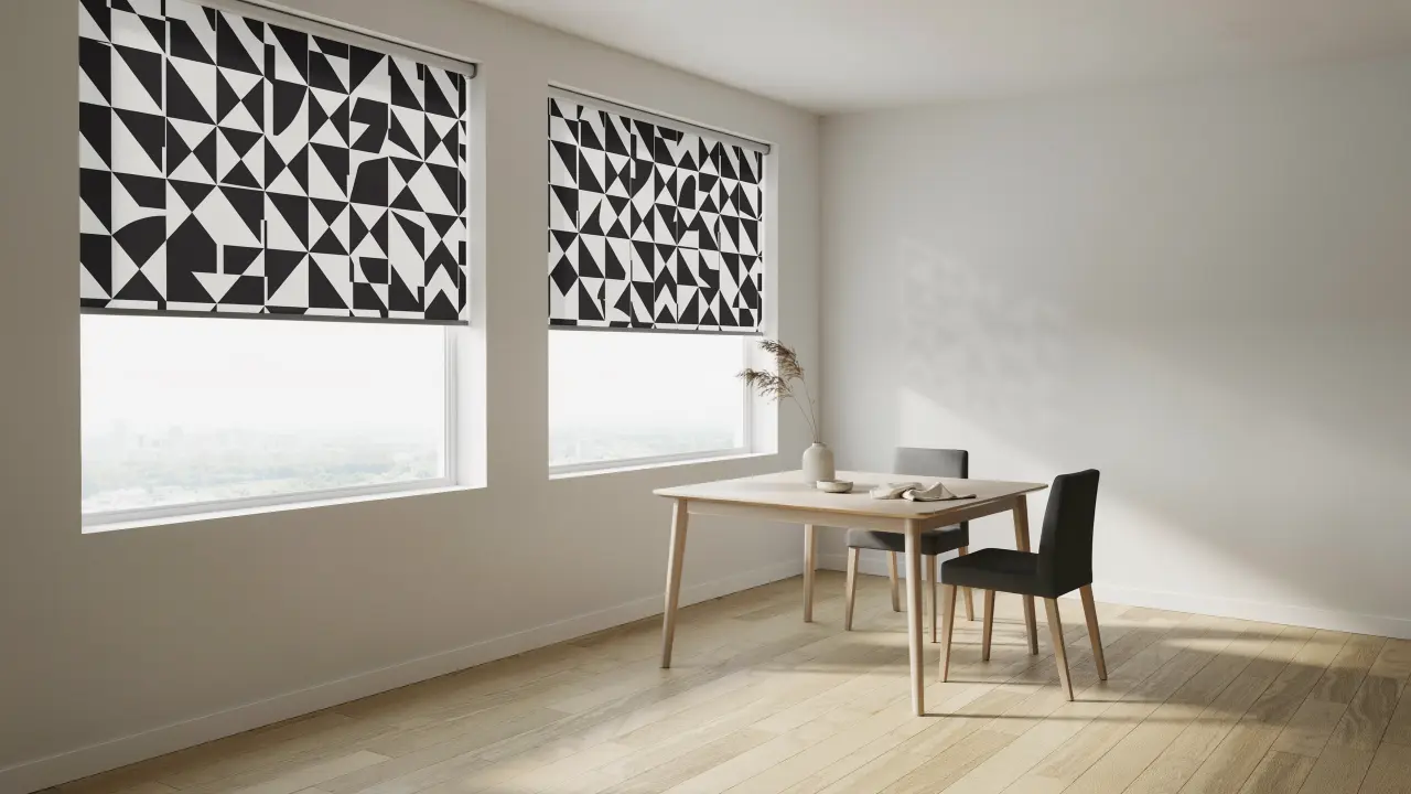Geometric patterned blinds adding visual interest in a modern interior with structured light and shadow effects.