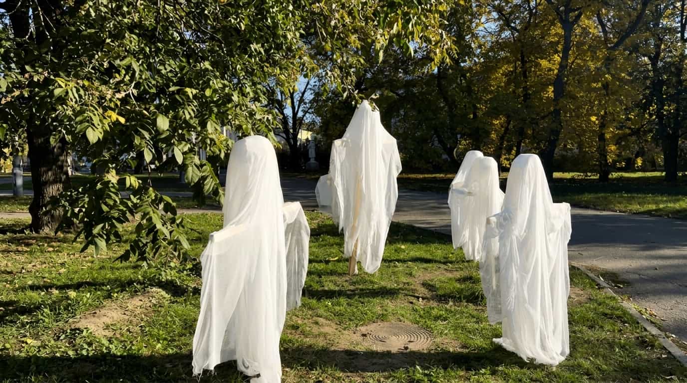 Ghostly figure decoration floating through a Halloween yard with projected lighting effects