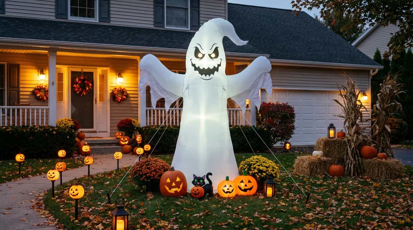 Large inflatable Halloween decoration surrounded by smaller yard props
