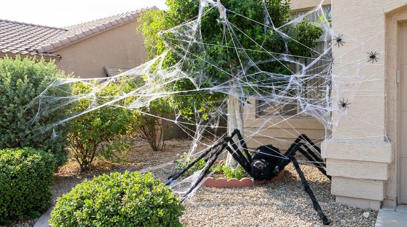Giant spider web decoration with oversized black spider in a bright Halloween yard