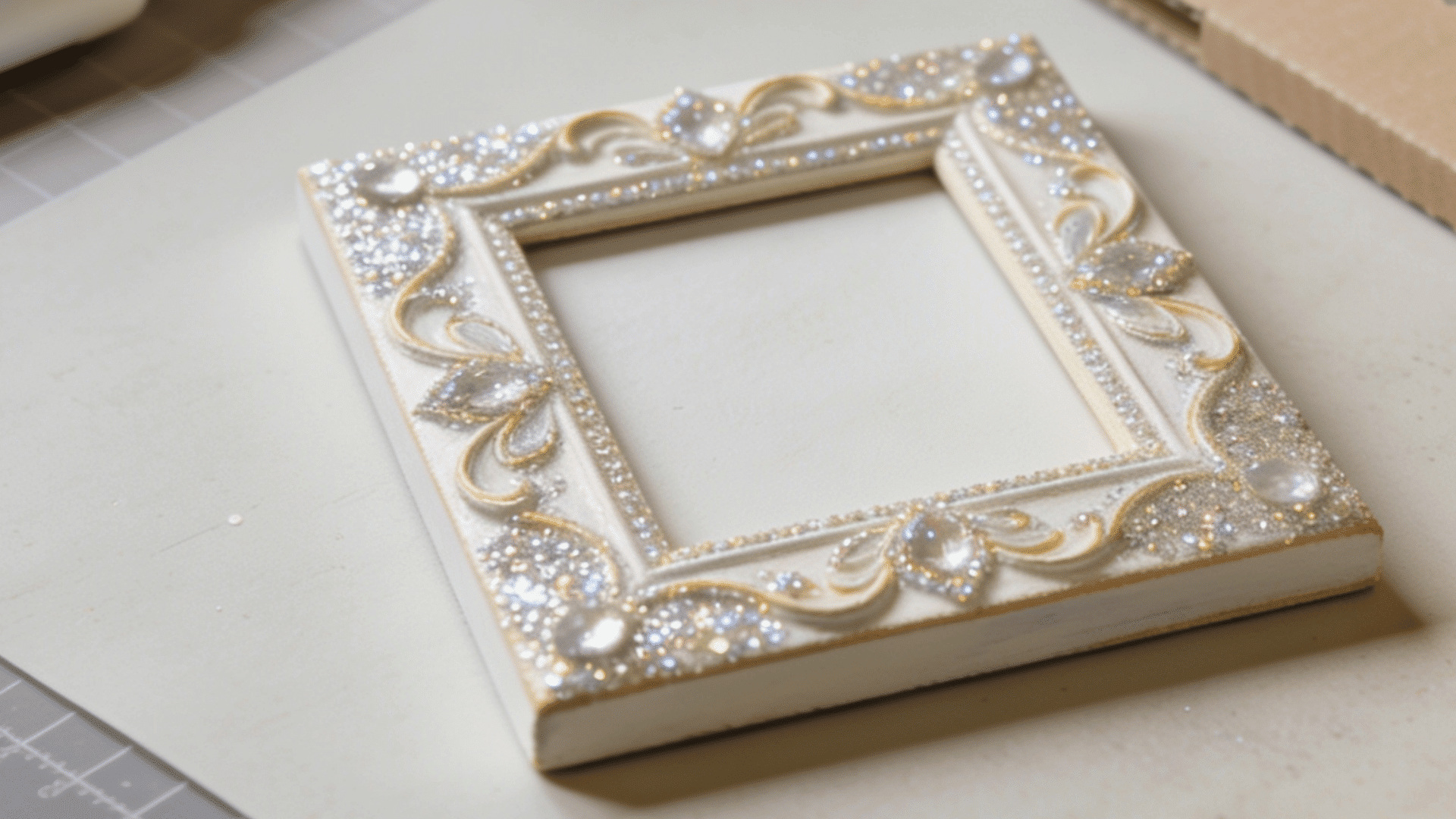Glitter frame art showing a decorated photo frame