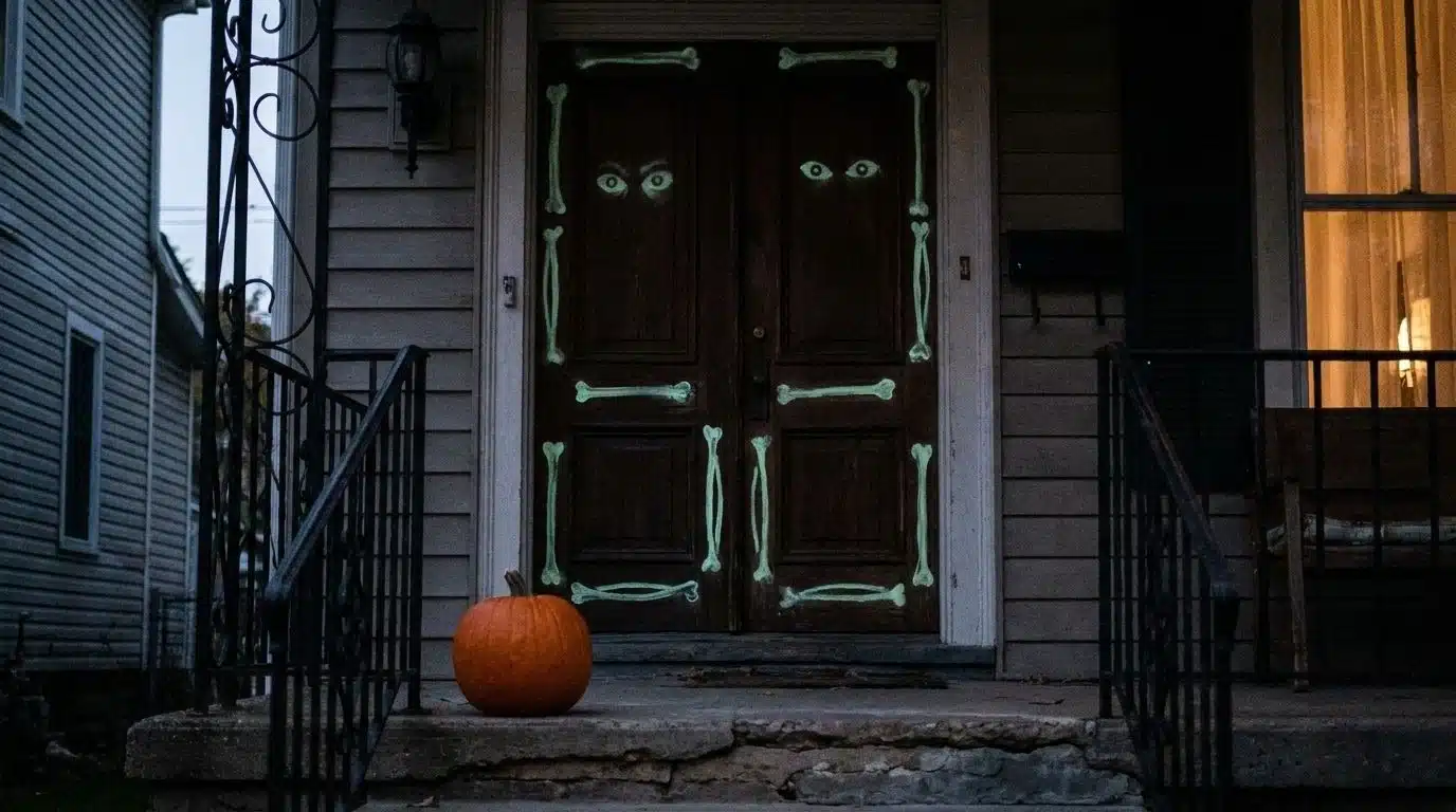 Front door with glow-in-the-dark painted bones after dark